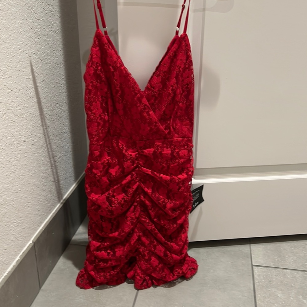 Small. Red. Lace. Mini Dress